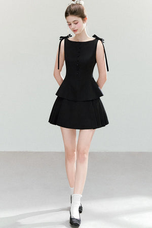 Black Bow-Strap Peplum Top, Pleated Skirt and Pants Set-Up
