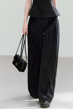 Black Bow-Strap Peplum Top, Pleated Skirt and Pants Set-Up