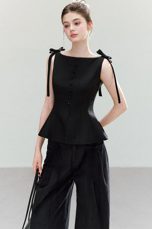 Black Bow-Strap Peplum Top, Pleated Skirt and Pants Set-Up