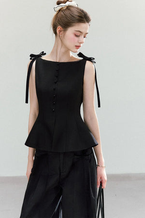 Black Bow-Strap Peplum Top, Pleated Skirt and Pants Set-Up