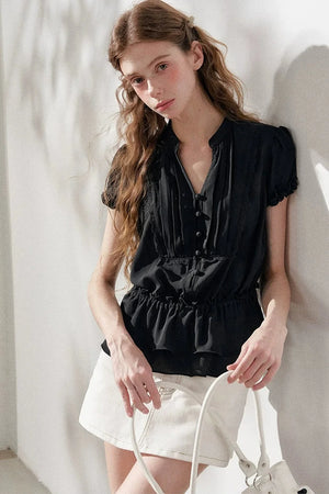 Black Chiffon Short-Sleeve Blouse