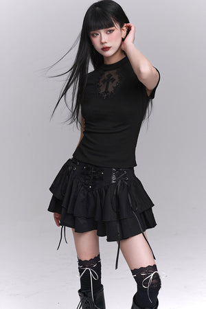Black Cross Lace Short Sleeve T-Shirt