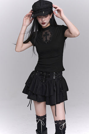 Black Cross Lace Short Sleeve T-Shirt