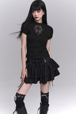 Black Cross Lace Short Sleeve T-Shirt