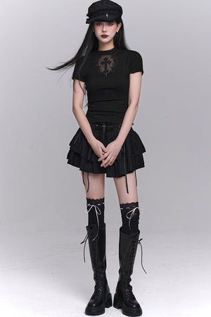 Black Cross Lace Short Sleeve T-Shirt