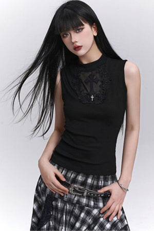 Black Cross Lace Short Sleeve T-Shirt