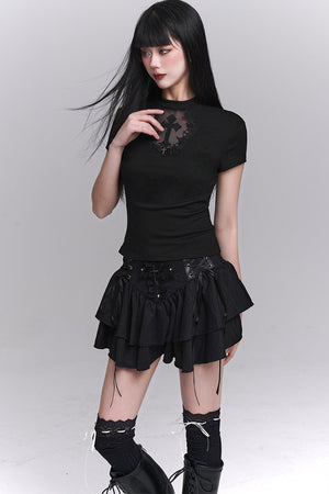 Black Cross Lace Short Sleeve T-Shirt