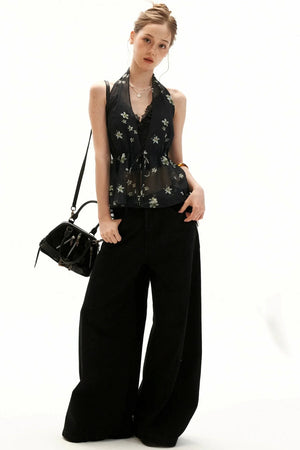 Black Floral Halter Tie Camisole Top Set-Up