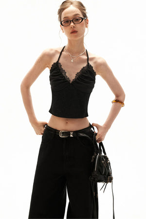 Black Floral Halter Tie Camisole Top Set-Up