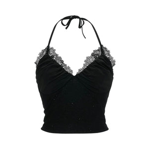 Black Floral Halter Tie Camisole Top Set-Up