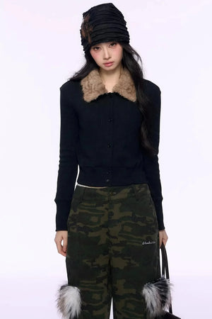 Black Fur Collar Knitted Top