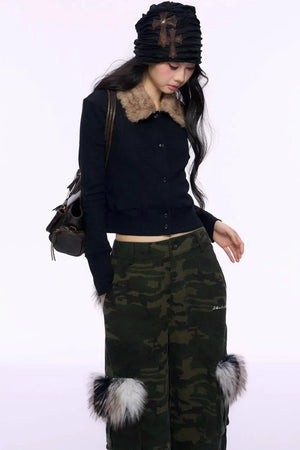 Black Fur Collar Knitted Top