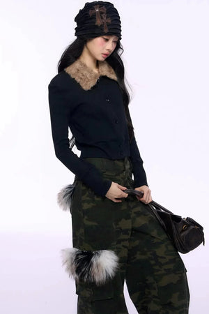 Black Fur Collar Knitted Top