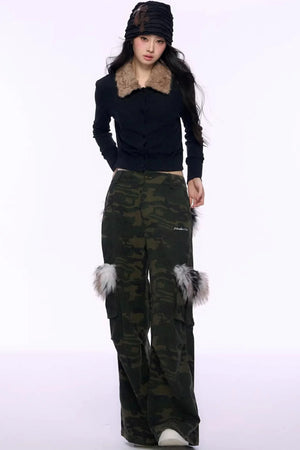 Black Fur Collar Knitted Top