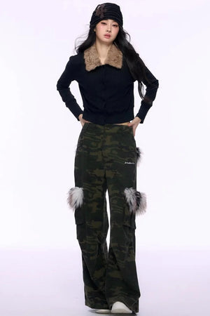 Black Fur Collar Knitted Top