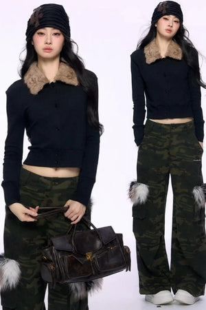 Black Fur Collar Knitted Top