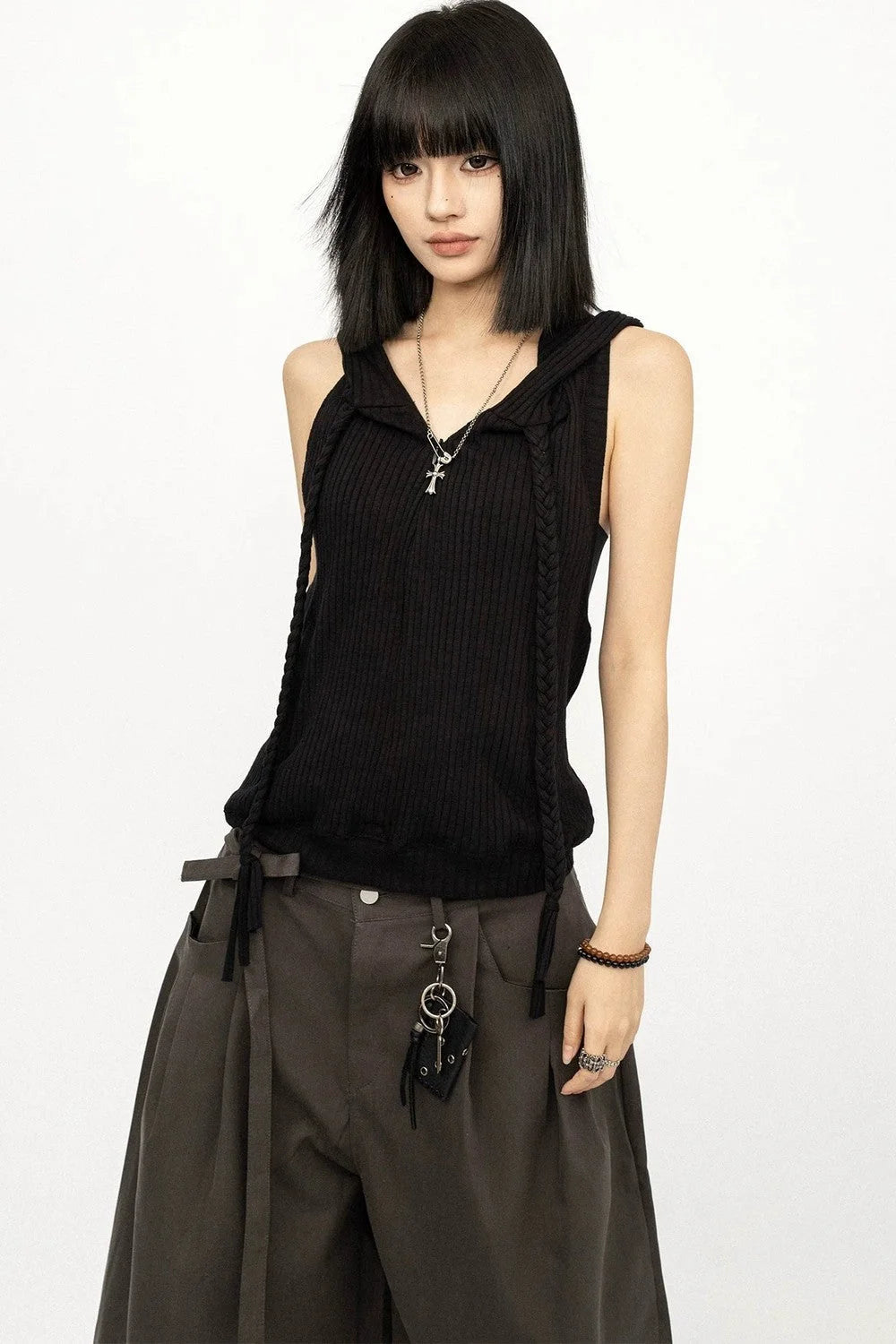 Black Hooded Vest Top