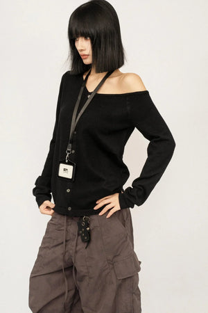 Black Knitted Off-Shoulder Cardigan
