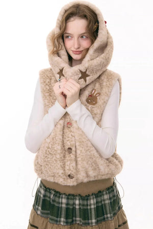Black Leather Rabbit Hooded Vest Jacket