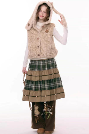 Black Leather Rabbit Hooded Vest Jacket