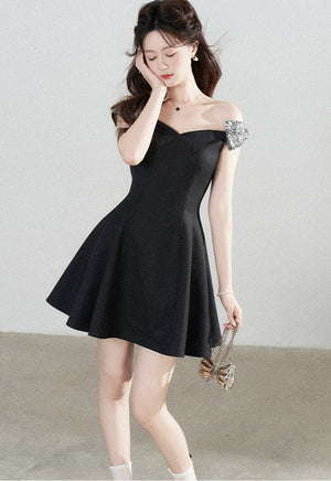 Black Off-Shoulder Cinched Waist Dress