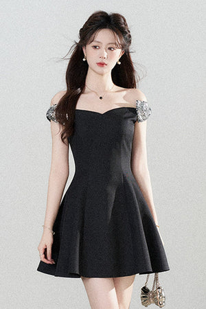 Black Off-Shoulder Cinched Waist Dress