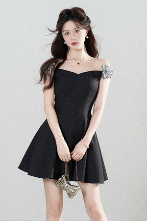 Black Off-Shoulder Cinched Waist Dress