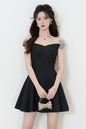 Black Off-Shoulder Cinched Waist Dress
