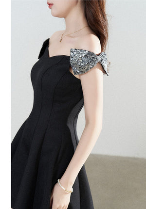 Black Off-Shoulder Cinched Waist Dress