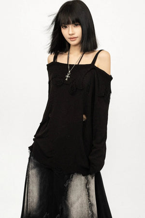 Black Off-Shoulder Knit Blouse
