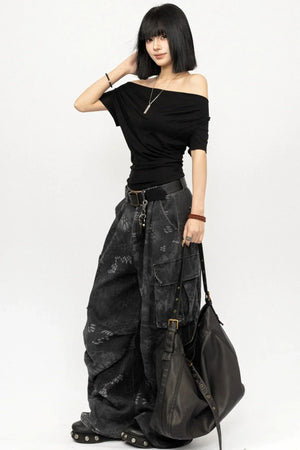 Black Off-Shoulder Slimming Top