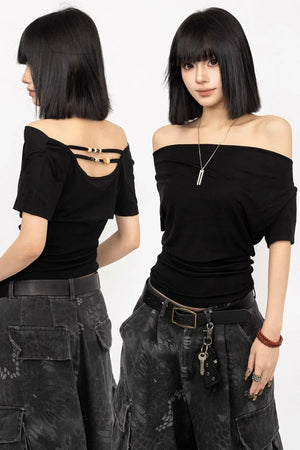 Black Off-Shoulder Slimming Top