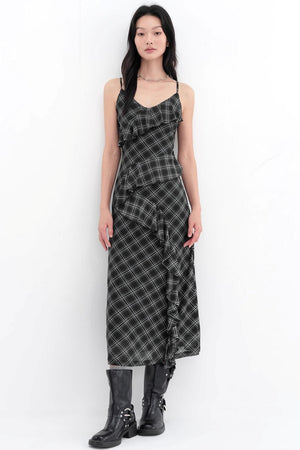 Black Plaid Mesh Halter Dress