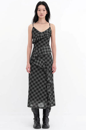 Black Plaid Mesh Halter Dress