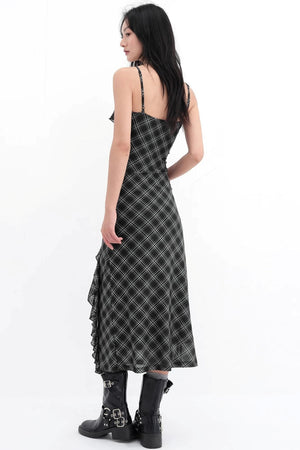 Black Plaid Mesh Halter Dress