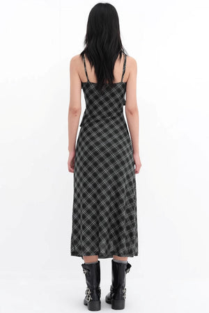 Black Plaid Mesh Halter Dress