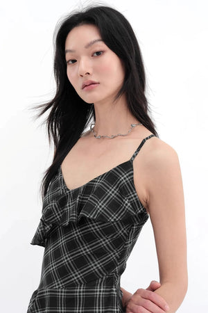 Black Plaid Mesh Halter Dress