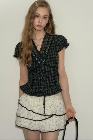 Black Plaid Ruffled Blouse