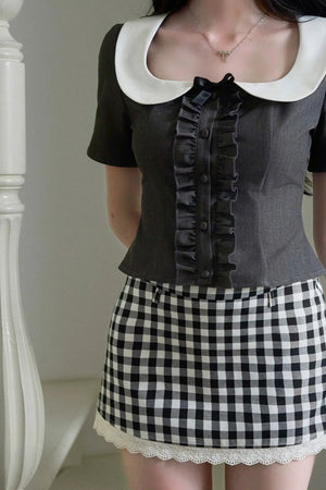 Black Plaid Ruffled Doll Collar Set-Up