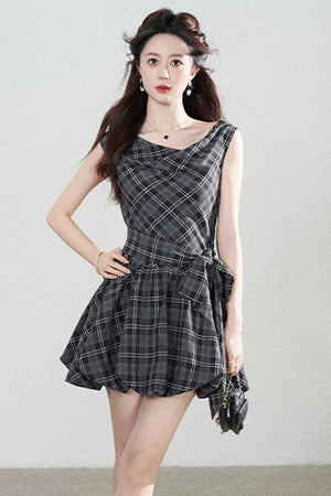 Black Plaid Sleeveless Bow Petal Hem Dress