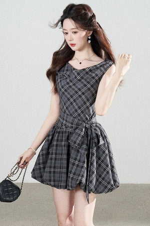 Black Plaid Sleeveless Bow Petal Hem Dress