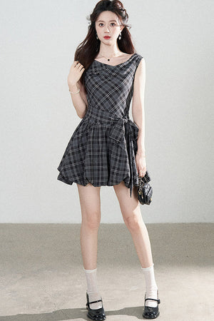 Black Plaid Sleeveless Bow Petal Hem Dress