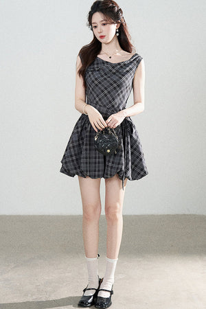 Black Plaid Sleeveless Bow Petal Hem Dress