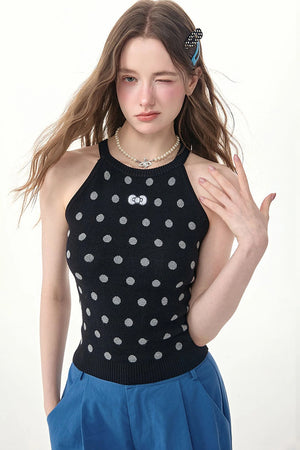 Black Polka Dot Knit Halter Top