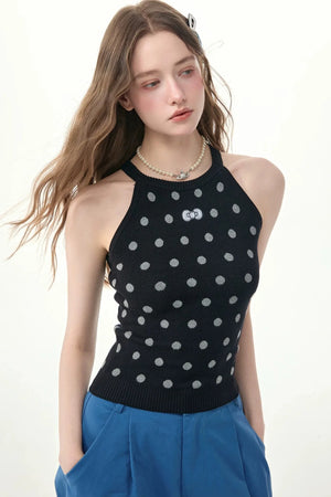 Black Polka Dot Knit Halter Top