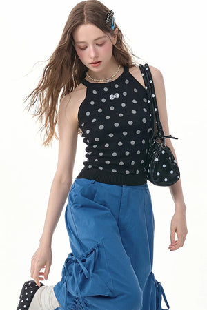 Black Polka Dot Knit Halter Top