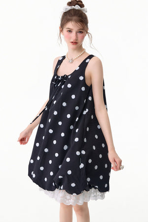 Black Polka Dot Sleeveless Lace Hem Dress
