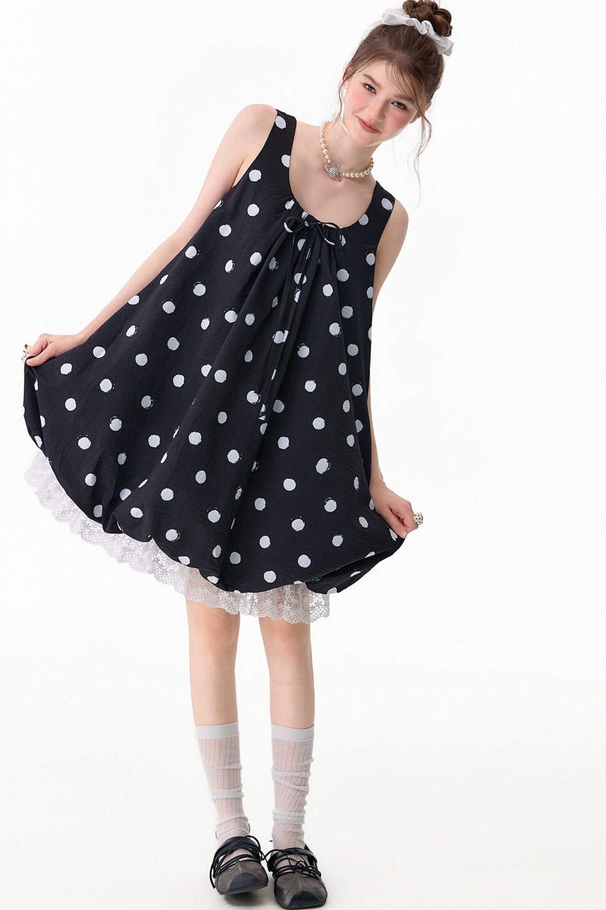 Black Polka Dot Sleeveless Lace Hem Dress