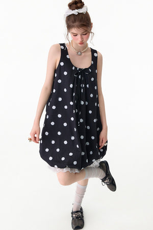 Black Polka Dot Sleeveless Lace Hem Dress
