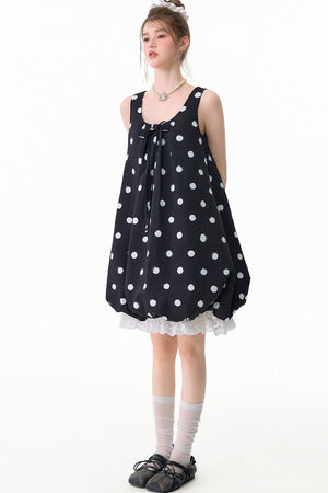 Black Polka Dot Sleeveless Lace Hem Dress